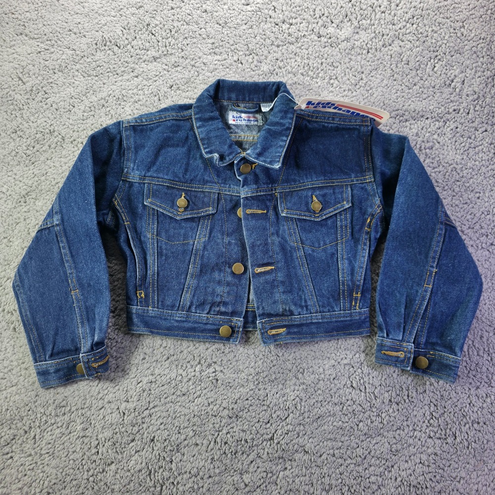 Kids Exchange Blue Denim Trucker Jacket Size L 6X Cotton Brass Buttons Vintage